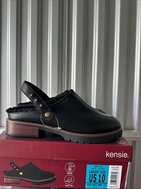 Kensie Black Leather Faux-Fur Lined Slingback Clog Size 10